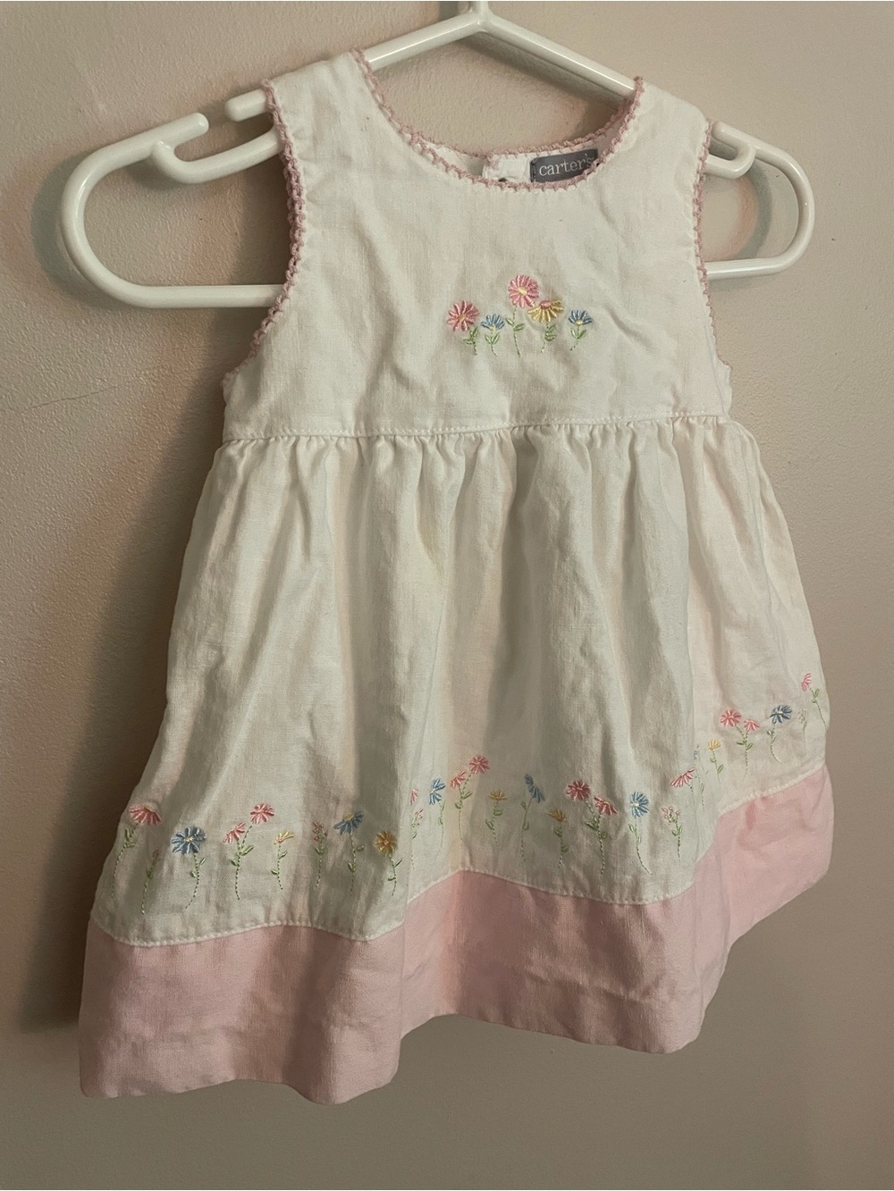 Carter's Cotton & Linen Dress with Pink Hem and Multicolor Floral Embroidery